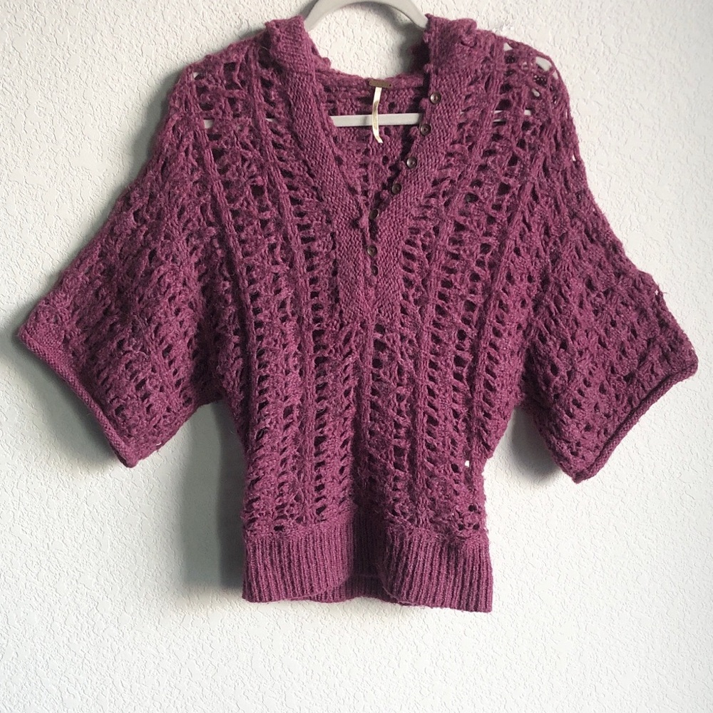 Free People Hooded Half Sleeve Open Knit Sweater Maroon XS Mohair Alpaca